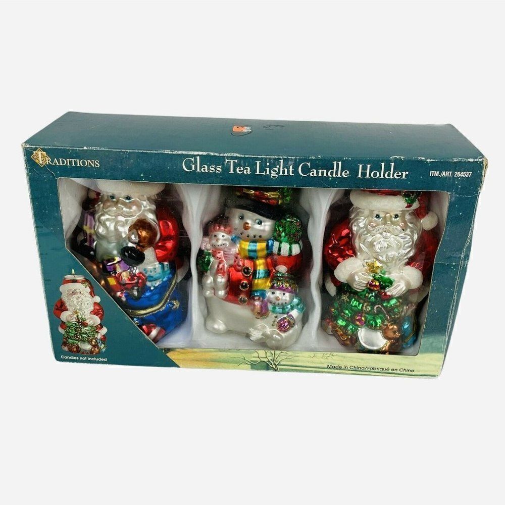 Traditions Blown Glass Christmas Tea Light Candle Holder Set of 3 Santa Snowman - Picture 2 of 12